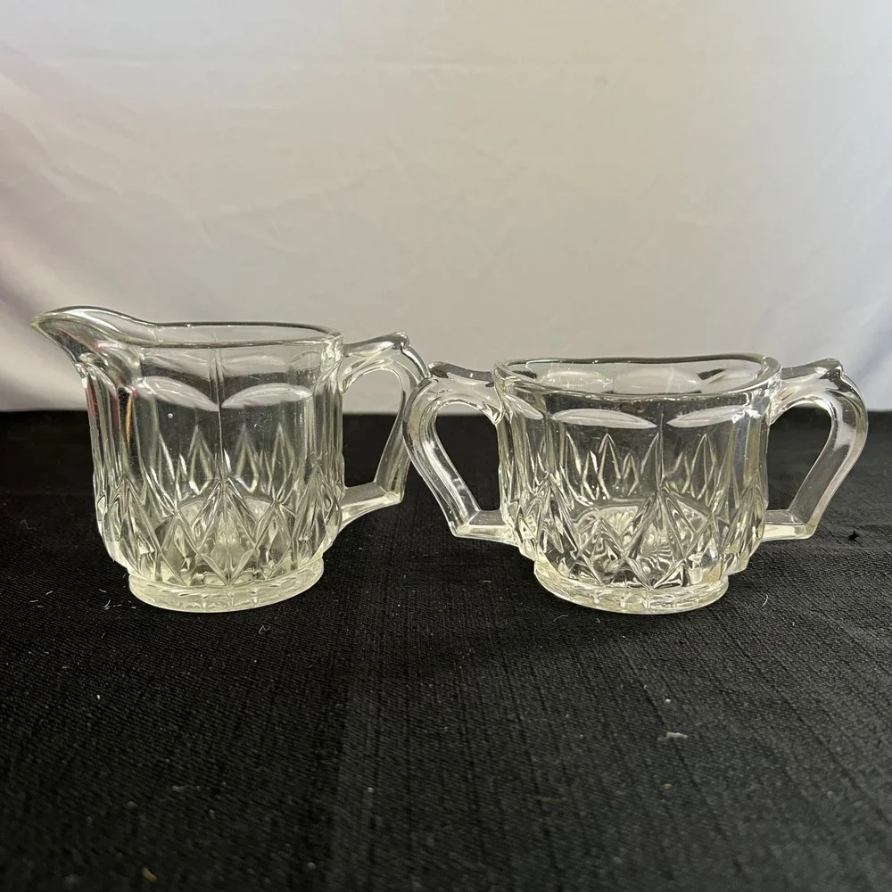 Vintage Clear Pressed Glass Creamer and Sugar Bowl Set Diamond Point Pattern